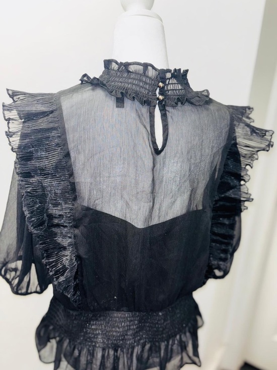 Guess Black Sheer Ruffle Mock-Neck Blouse - Picture 2 of 3